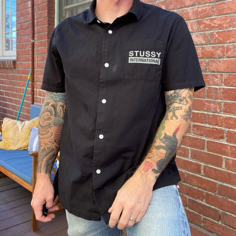 Stussy short sleeve screen printed work shirt.